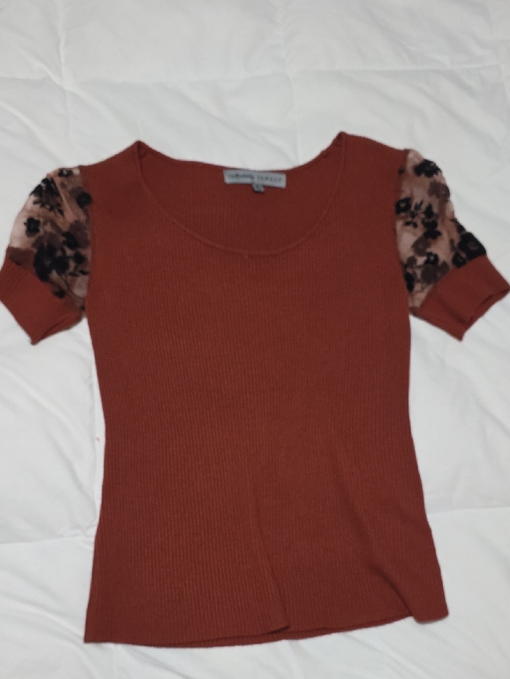 Absolutely Famous Rust Short Sleeve Top with Floral Velvet Sleeves
